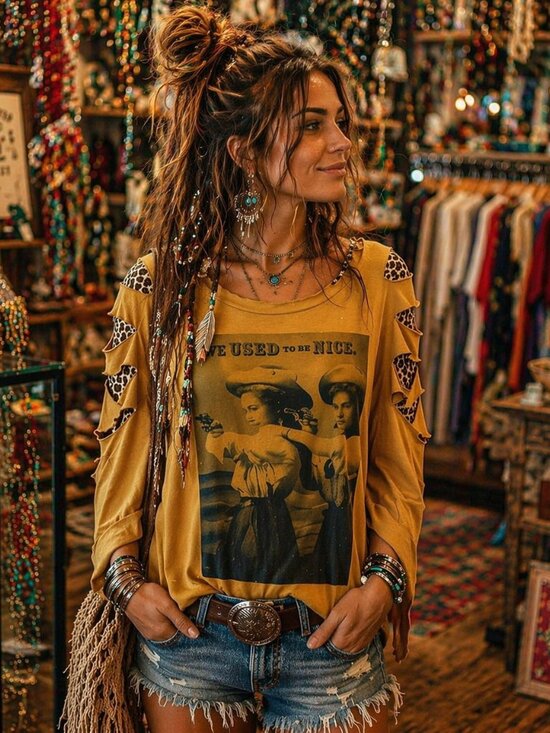 Tops - Used to be Nice Yellow Long Sleeve Top with Graphic Print